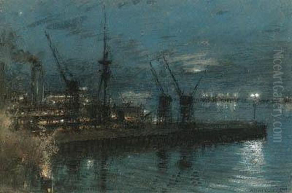 H.m.s. Kent - Night At Cape Town, South Africa Oil Painting by Albert Goodwin