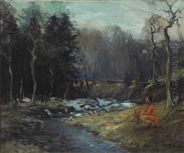 Indian Along A Woodland Stream Oil Painting by Arthur C. Goodwin