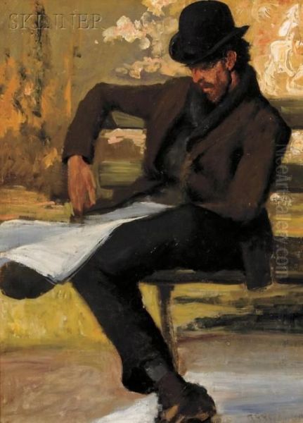 Man Reading On A Park Bench Oil Painting by Arthur C. Goodwin