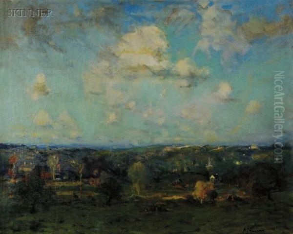 View From The Hilltop/possibly A Milton, Massachusetts Landscape Oil Painting by Arthur C. Goodwin