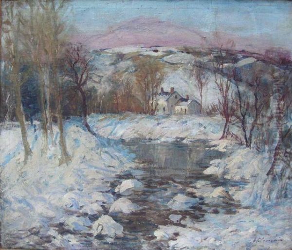 Snow-filled River Landscape. Oil Painting by Arthur C. Goodwin