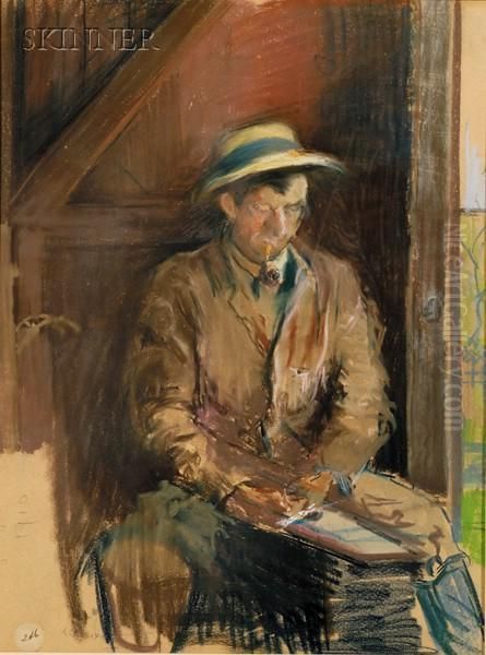 Portrait Of A Man, Possibly The Artist, And Landscape/ Adouble-sided Composition Oil Painting by Arthur C. Goodwin