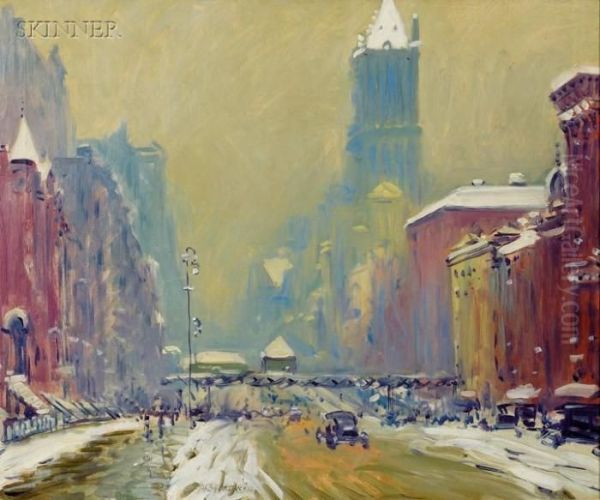 City In Winter, Probably A View Of The Third Avenue El, Newyork Oil Painting by Arthur C. Goodwin