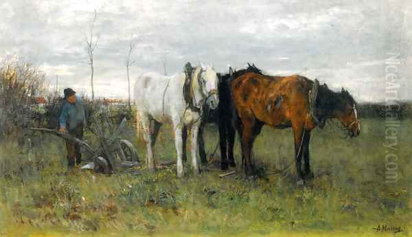 A Girl A Ploughing Farmer Oil Painting by Anton Mauve