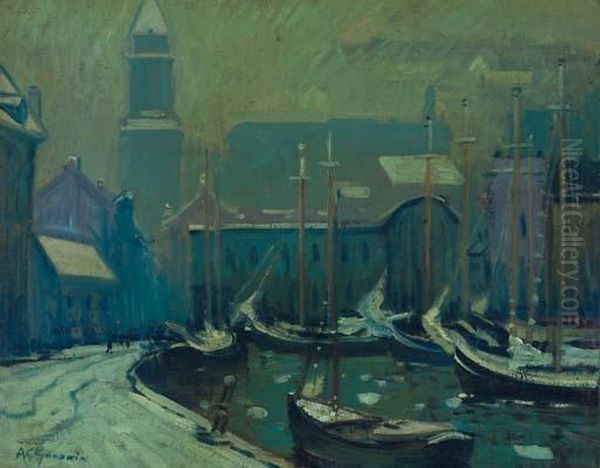 View Of Custom House Tower From T-wharf, Boston Oil Painting by Arthur C. Goodwin