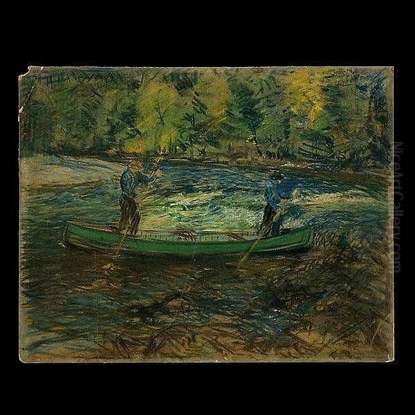 . Twomen In A Canoe. Oil Painting by Arthur C. Goodwin