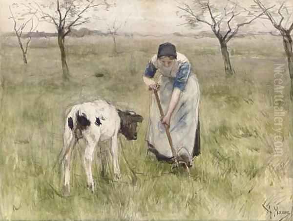 A Peasant Woman and her Calf Oil Painting by Anton Mauve