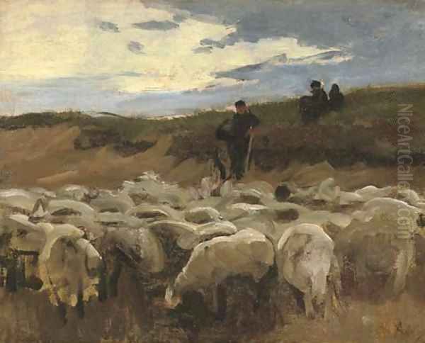 A shepherd and his flock Oil Painting by Anton Mauve