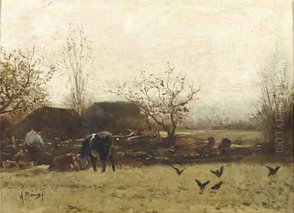 Cows grazing near a farm Oil Painting by Anton Mauve