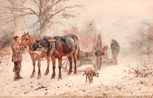 A wooded winter landscape with foresters and a Mallejan Oil Painting by Anton Mauve