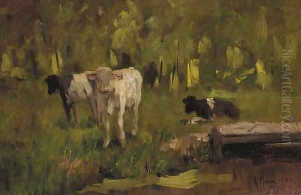 Calves in a meadow - a study Oil Painting by Anton Mauve