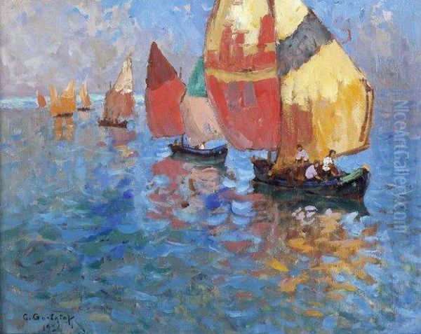 Bateaux A Capri Oil Painting by Konstantin Ivanovich Gorbatov