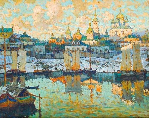 Harbour View At Sunset Oil Painting by Konstantin Ivanovich Gorbatov