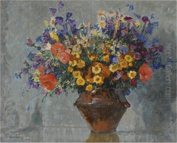 Bouquet Of Flowers Oil Painting by Konstantin Ivanovich Gorbatov