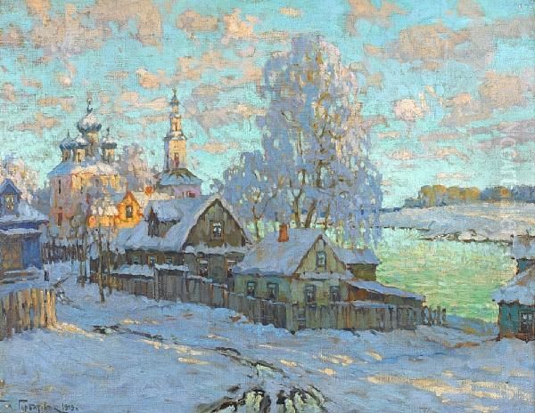 A Snow-covered Village In The Sun Oil Painting by Konstantin Ivanovich Gorbatov