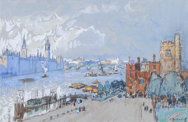 A View Of The Houses Of Parliament And Lambethpalace, London Oil Painting by Konstantin Ivanovich Gorbatov