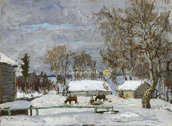 Winter Landscape With Horses Oil Painting by Konstantin Ivanovich Gorbatov