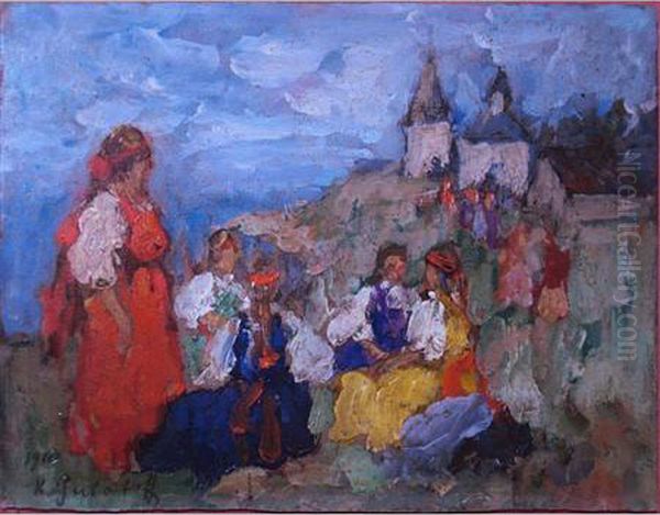 Women In A Landscape Oil Painting by Konstantin Ivanovich Gorbatov