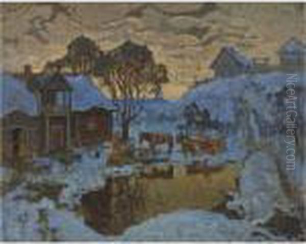 Winter Village At Dusk Oil Painting by Konstantin Ivanovich Gorbatov