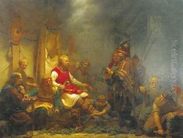 King Aella's messenger before Ragnar Lodbrok's sons 1857 Oil Painting by Johan August Malmstrom