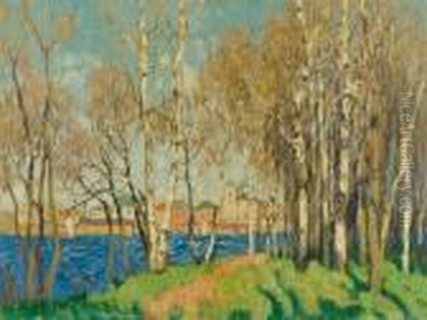 Birch Forest Near A River Oil Painting by Konstantin Ivanovich Gorbatov