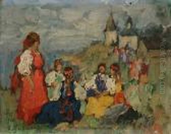 Madchengruppe Am Dorfrand Oil Painting by Konstantin Ivanovich Gorbatov