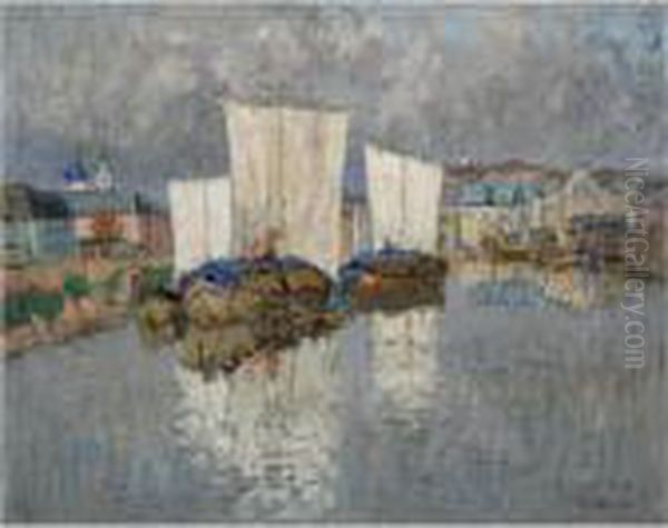 Boats In The Harbour Oil Painting by Konstantin Ivanovich Gorbatov