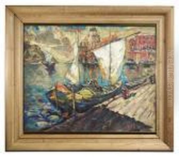 Sailingboats In A Russian Harbour. Oil Painting by Konstantin Ivanovich Gorbatov