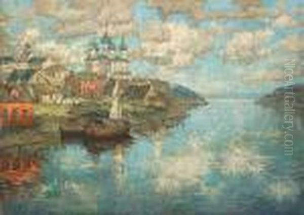 Russian Town At The River Side Oil Painting by Konstantin Ivanovich Gorbatov