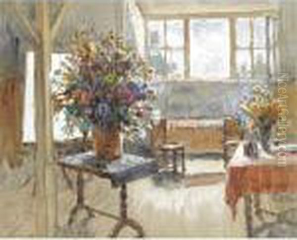 Interior With Bouquet Of Summer Flowers Oil Painting by Konstantin Ivanovich Gorbatov