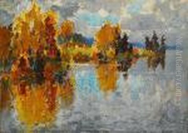 A River Landscape In Autumn Oil Painting by Konstantin Ivanovich Gorbatov