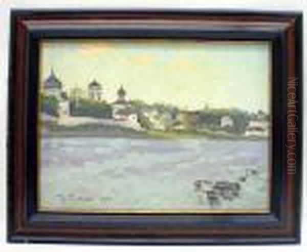 Riverscape With View Of Town Oil Painting by Konstantin Ivanovich Gorbatov