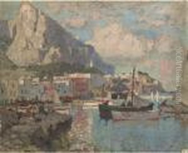 Fishermen In Capri Harbour Oil Painting by Konstantin Ivanovich Gorbatov