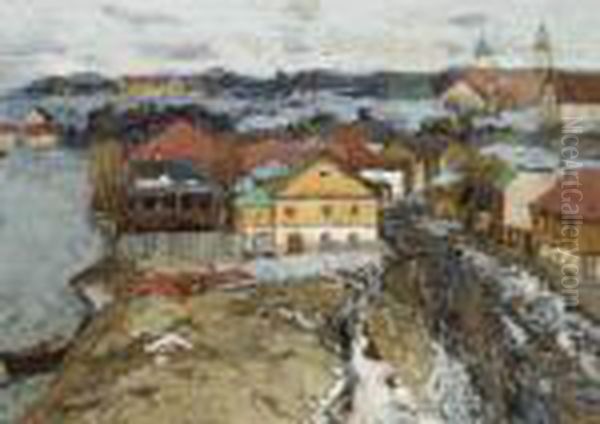 Russian Town In Early Spring Oil Painting by Konstantin Ivanovich Gorbatov