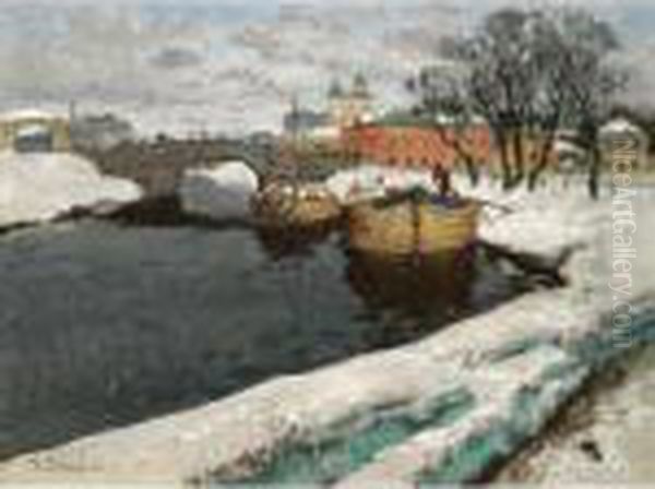 Boats On A River Oil Painting by Konstantin Ivanovich Gorbatov