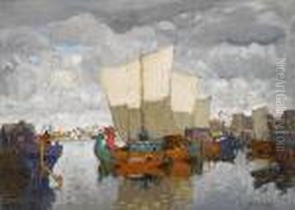 A Busy Anchorage Oil Painting by Konstantin Ivanovich Gorbatov