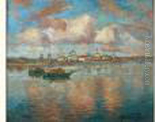 Bateaux De Peche Sur La Volga Oil Painting by Konstantin Ivanovich Gorbatov