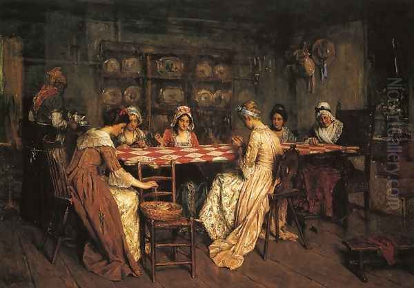 Quilting Bee Oil Painting by Henry Mosler