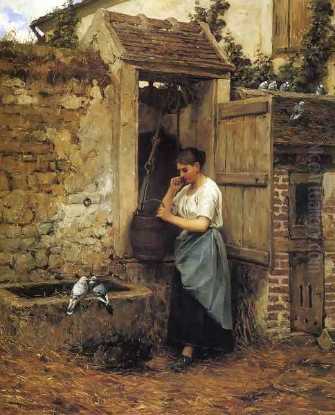 Peasant Girl and Doves Oil Painting by Henry Mosler