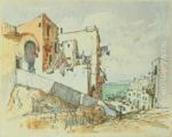 Strassenszene Auf Capri. 
Signiert Und Datiert Unten Links: C. Gorbatoff/1927/capri Bzw. Unten 
Rechts: C. Gorbatoff. Farbkreiden Und Aquarell Auf Papier . H 33,2; B 
41,2 Cm Oil Painting by Konstantin Ivanovich Gorbatov