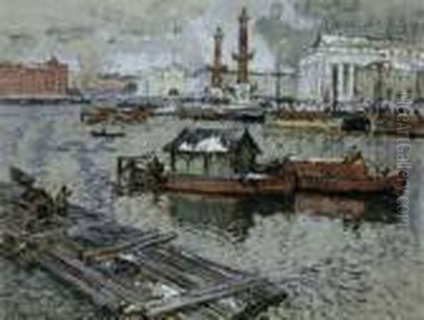 In St. Petersburg. Blick Uber Die Newa Auf Den Winterpalast. Oil Painting by Konstantin Ivanovich Gorbatov