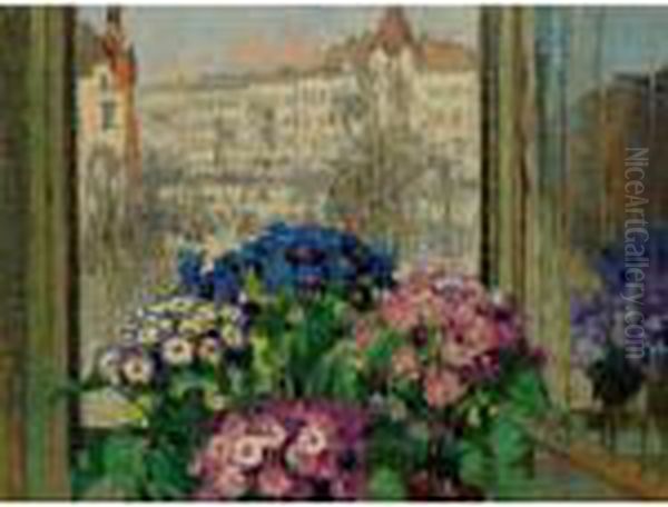 Bouquets On The Ledge, Paris Oil Painting by Konstantin Ivanovich Gorbatov