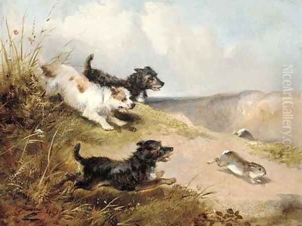 Terriers rabbiting Oil Painting by William Morris