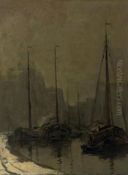 Moored Vessels Along A Quay In Winter Oil Painting by Arnold Marc Gorter