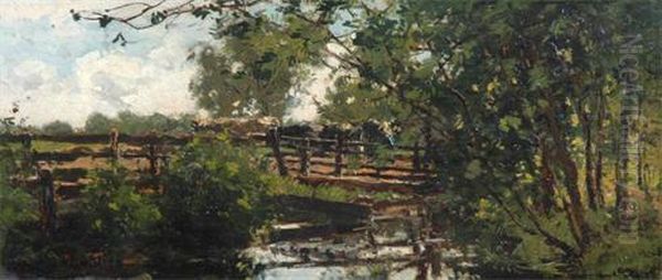 River Landscape With Cattle Crossing A Bridge Oil Painting by Arnold Marc Gorter