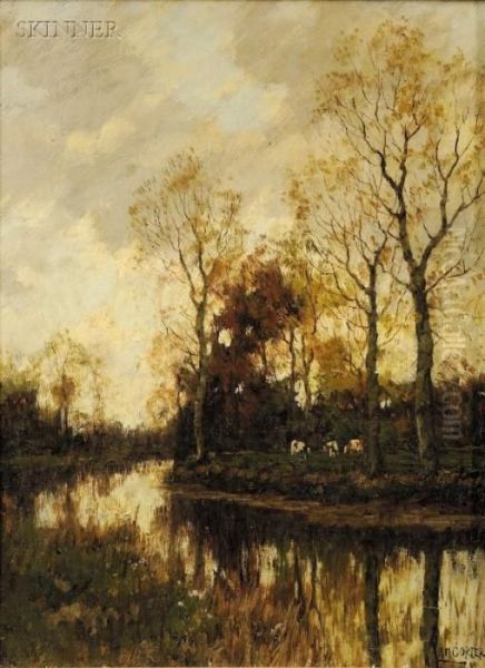 Landscape With Cows By A River At Twilight Oil Painting by Arnold Marc Gorter