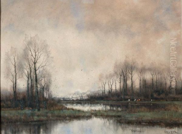 Bomen En Koeien Aan De Vordens Beek Oil Painting by Arnold Marc Gorter