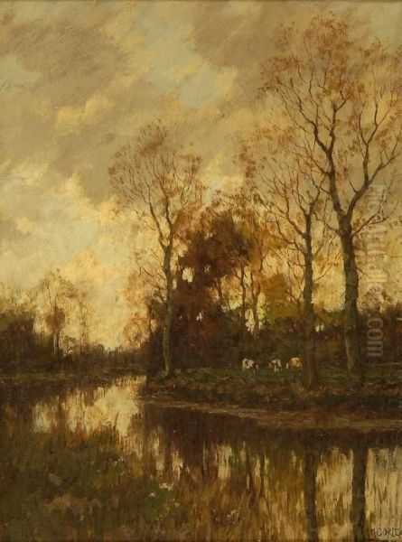 Autumnal Landscape With Cows By A Riverbank Oil Painting by Arnold Marc Gorter