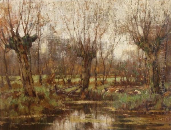 Vieuw On A Smallstream With Resting Cows Near Vorden Oil Painting by Arnold Marc Gorter