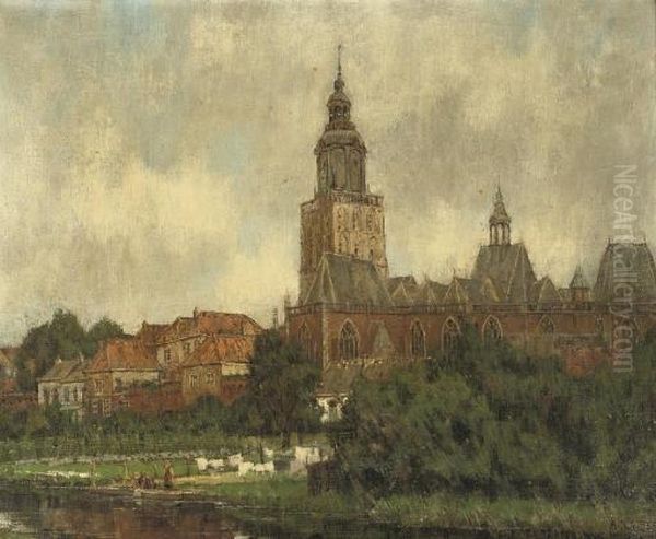 Along The Waterfront By The St Walburgiskerk, Zutphen Oil Painting by Arnold Marc Gorter